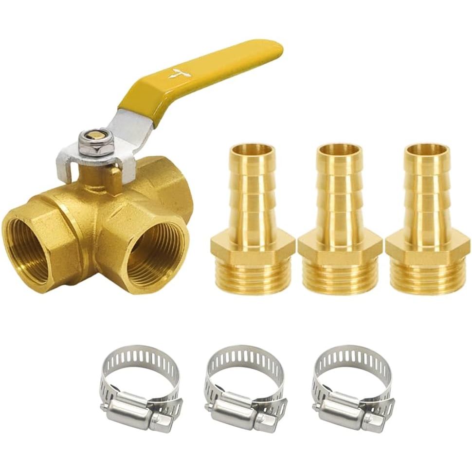 Válvula de esfera forjada de latão de 3 vias (porta em T) com rosca fêmea NPT de 1/2" e alavanca de manuseio.