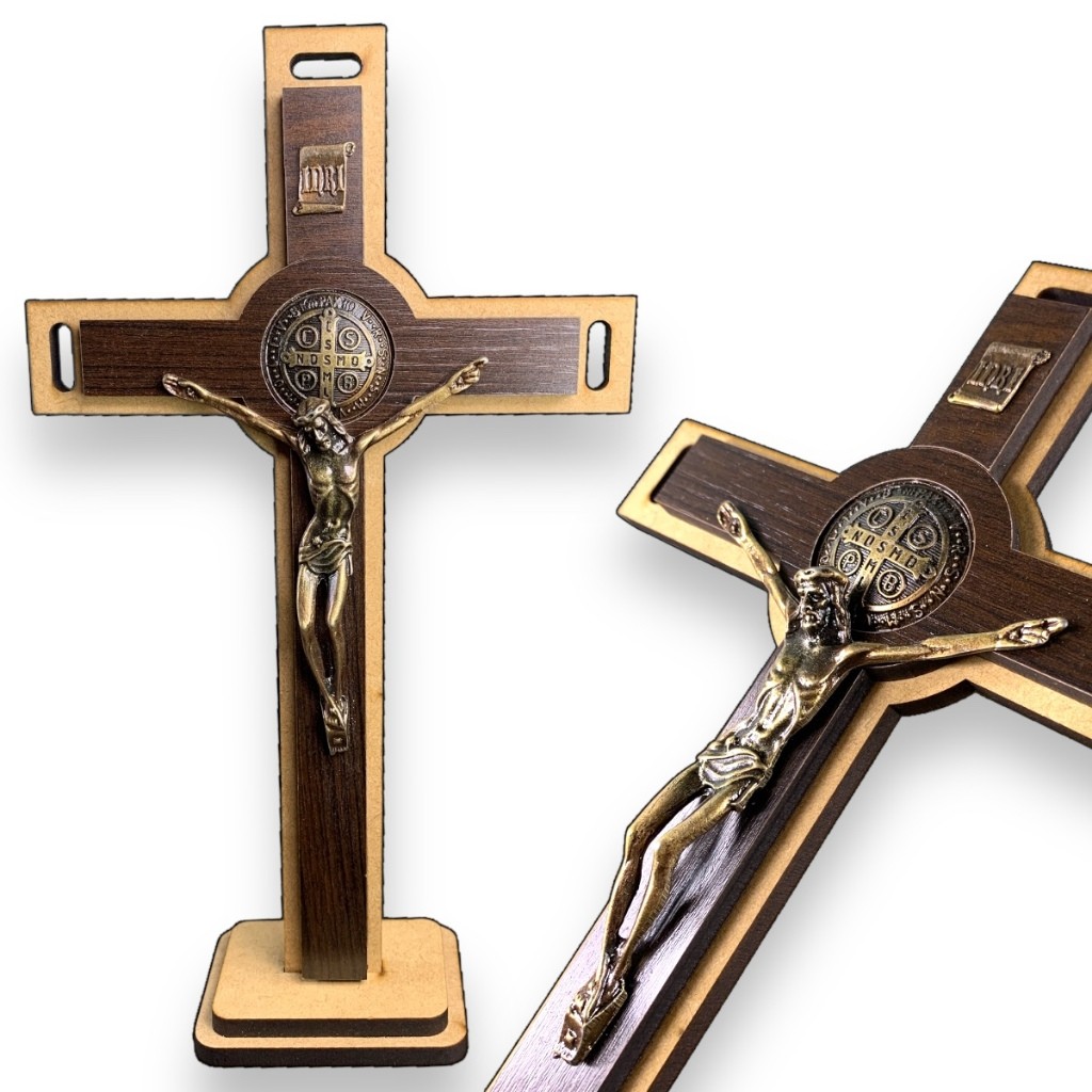 Kit 2 Cruz Crucifixo Cruz Madeira Para Parede e Mesa Cristo São Bento 10 Cm