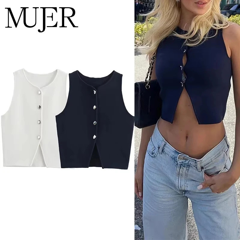 Colete de Tricô Cropped para Mulheres, Cardigã Sem Mangas, Colete de Moda Feminino com Botões, Suéter de Tricô, Tops Cur