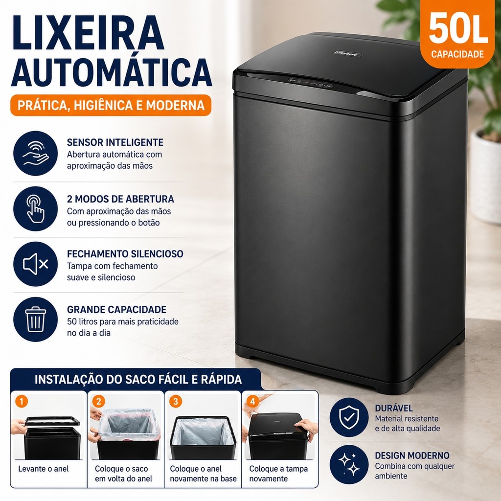 Lixeira Automática Sensor Inteligente 50L Aço Inox Preta Cozinha Banheiro Escritório Tampa Touch