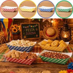 10~50 BANDEJA EMBALAGEM XADREZ FESTA JUNINA 2026 14,5CM MILHO, PIPOCA, HOTDOG, DOCES E PETISCOS JUNINOS