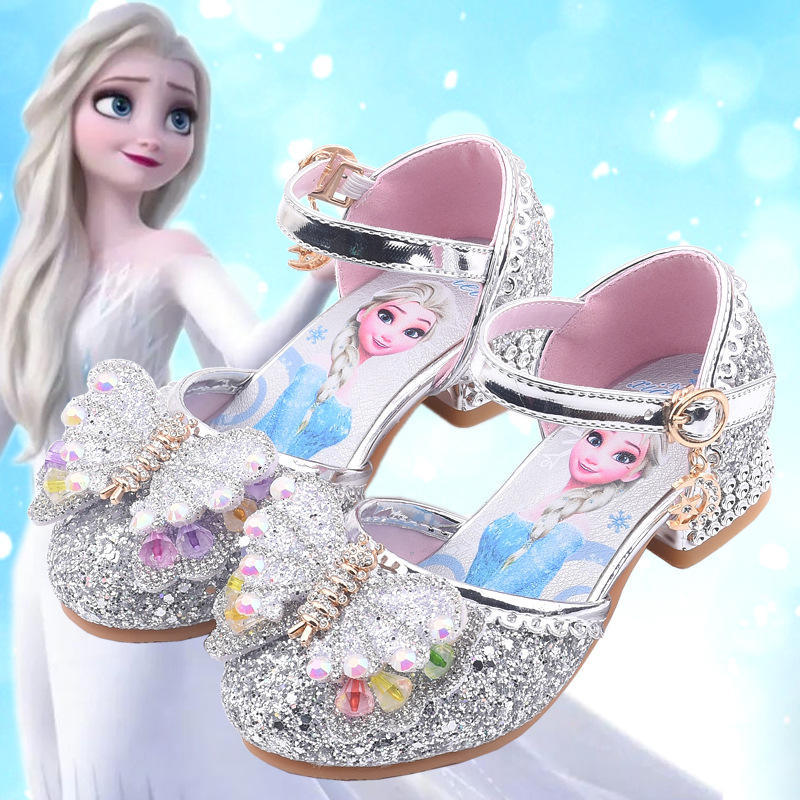Prata meninas sapatos de desempenho crianças salto alto princesa vestido sapatos congelados Elsa sapatos modelo passarel