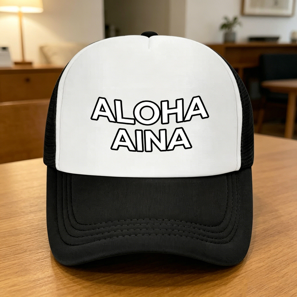 Boné Trucker Bicolor com Estampa de Letras em Contorno Marcante Aloha Aina, Frente Branca, Tela Preta, Ajustável com Fec