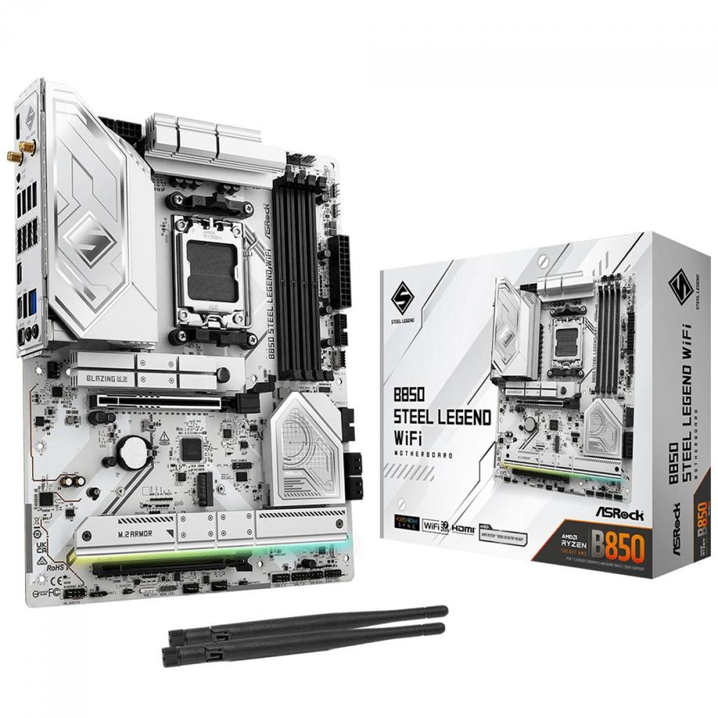 Placa Mãe ASRock B850 Steel Legend WiFi, Chipset B850, AMD AM5, ATX, DDR5, Branco