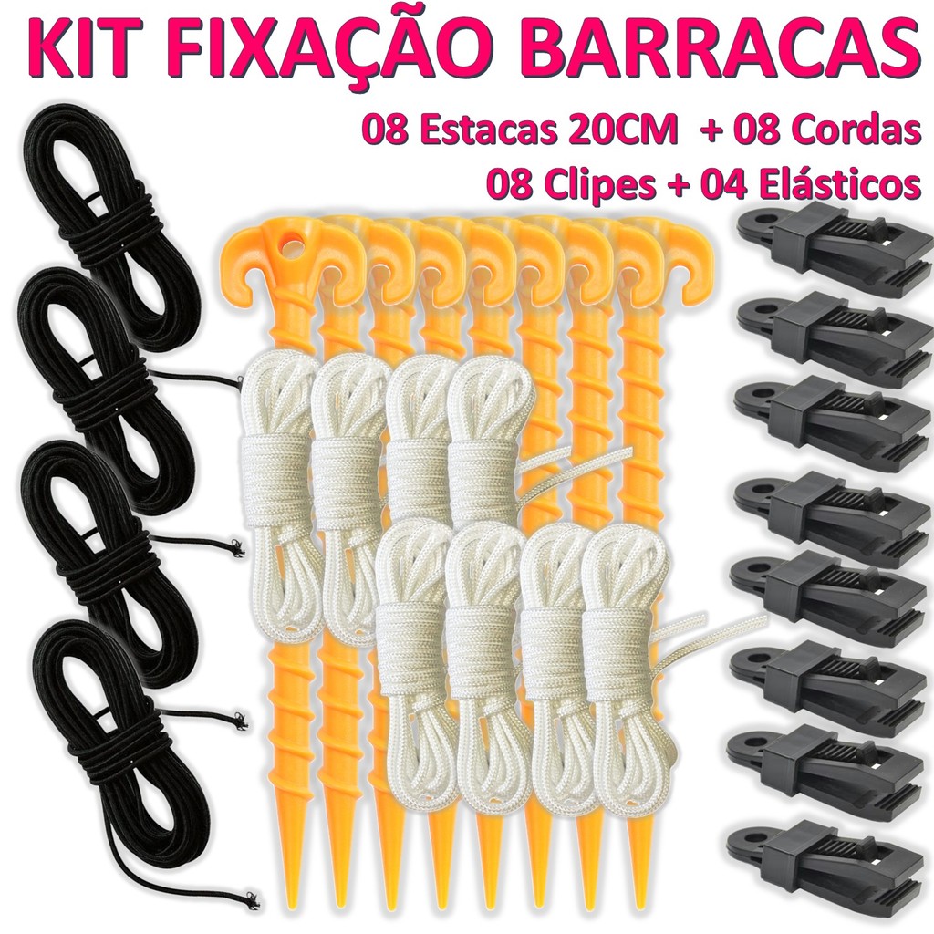 Kit Completo 8 Estacas + 8 Cordas + 4 Elásticos + 8 Garras Jacaré Tenda Barraca Praia Cor:Laranja