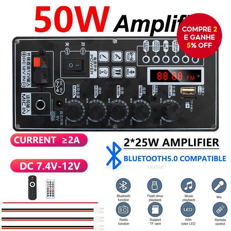 Placa Amplificadora Bluetooth 5.1 2x25W , Decodificador MP3 Com Display , Caixa De Metal , DC 12V , Áudio Para Carro , D