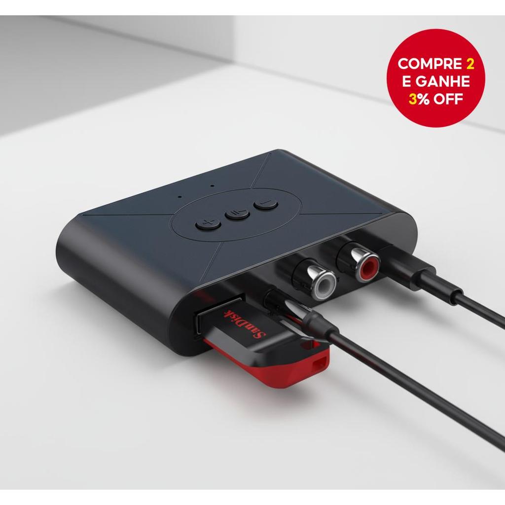 Receptor Bluetooth 5.0 NFC com saída 3.5mm AUX RCA USB e microfone para música estéreo e alto-falante de carro.