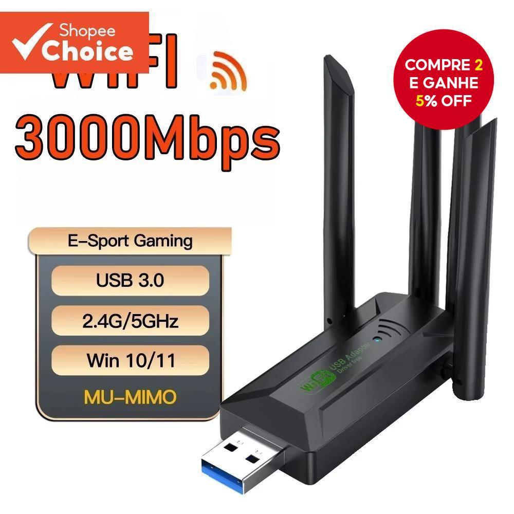 Adaptador USB WiFi 3000Mbps Para PC Laptop 2.4G 5Ghz 802.11AC 4 Antenas Sem Fio