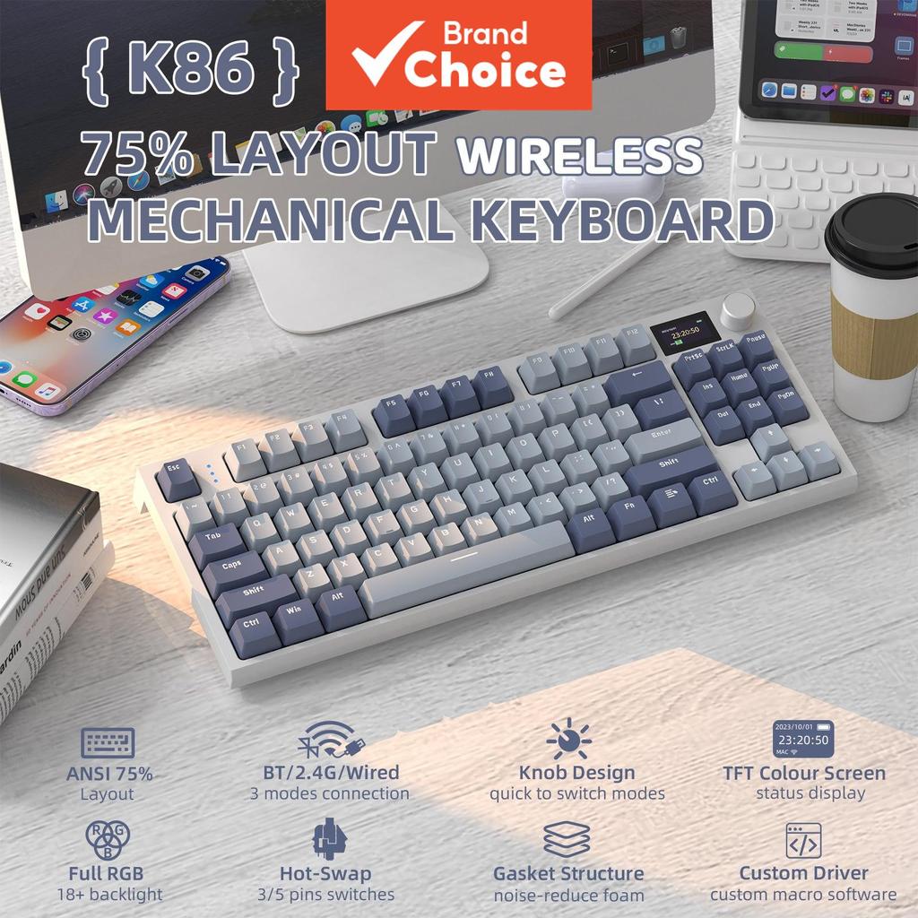 Teclado Mecânico Sem Fio Attack Shark K86 com Tela Inteligente Tri-Modo, 75% Hot-Swap, RGB para Jogos, Bateria