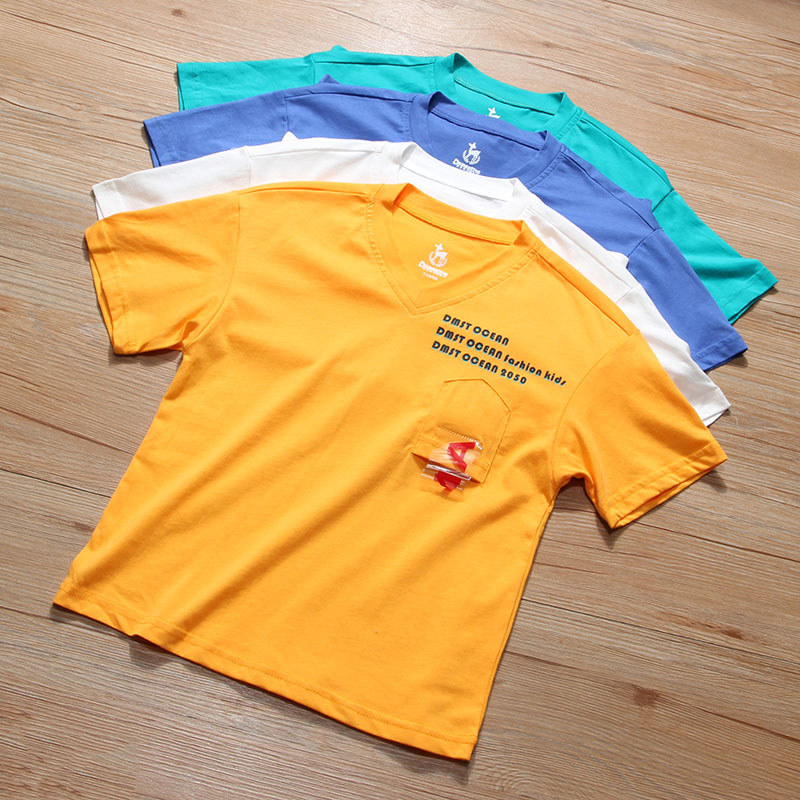 Meninos venda quente roupas infantis pequenas algodão puro meninos meia manga camiseta médio grande crianças com decote 
