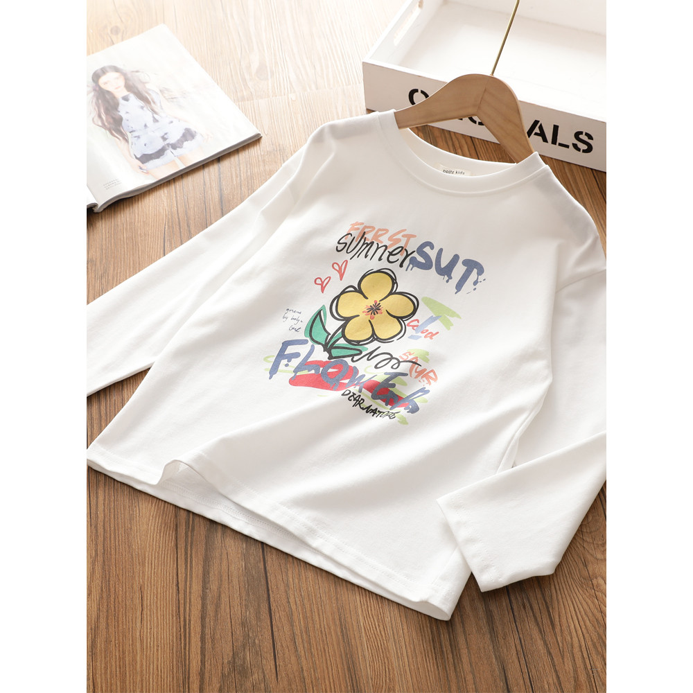 Meninas puro algodão manga comprida camiseta 2026 primavera impressão Digital médio grande crianças em torno do pescoço 