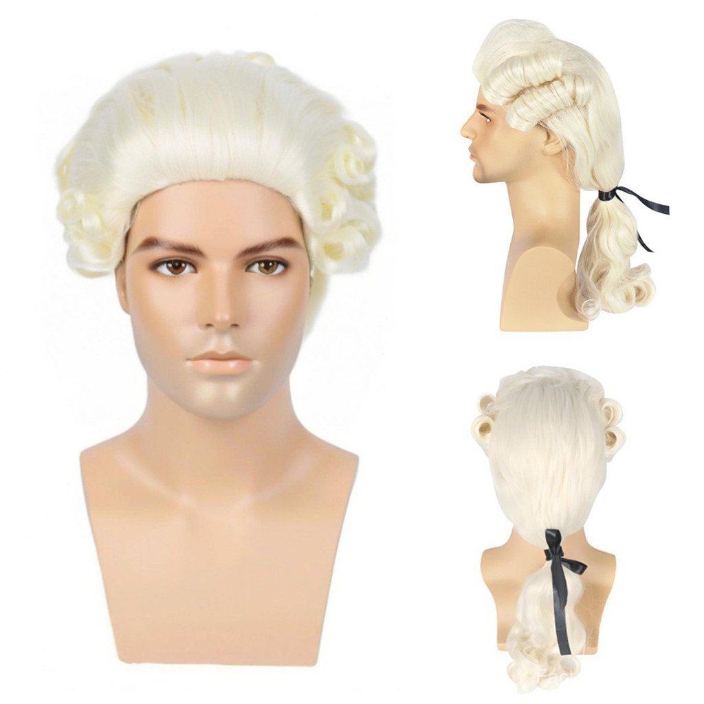 [Perucas de Cabelo] Peruca masculina preta, branca, cinza e bege para cosplay de juiz/advogado, peruca de fibra sintétic