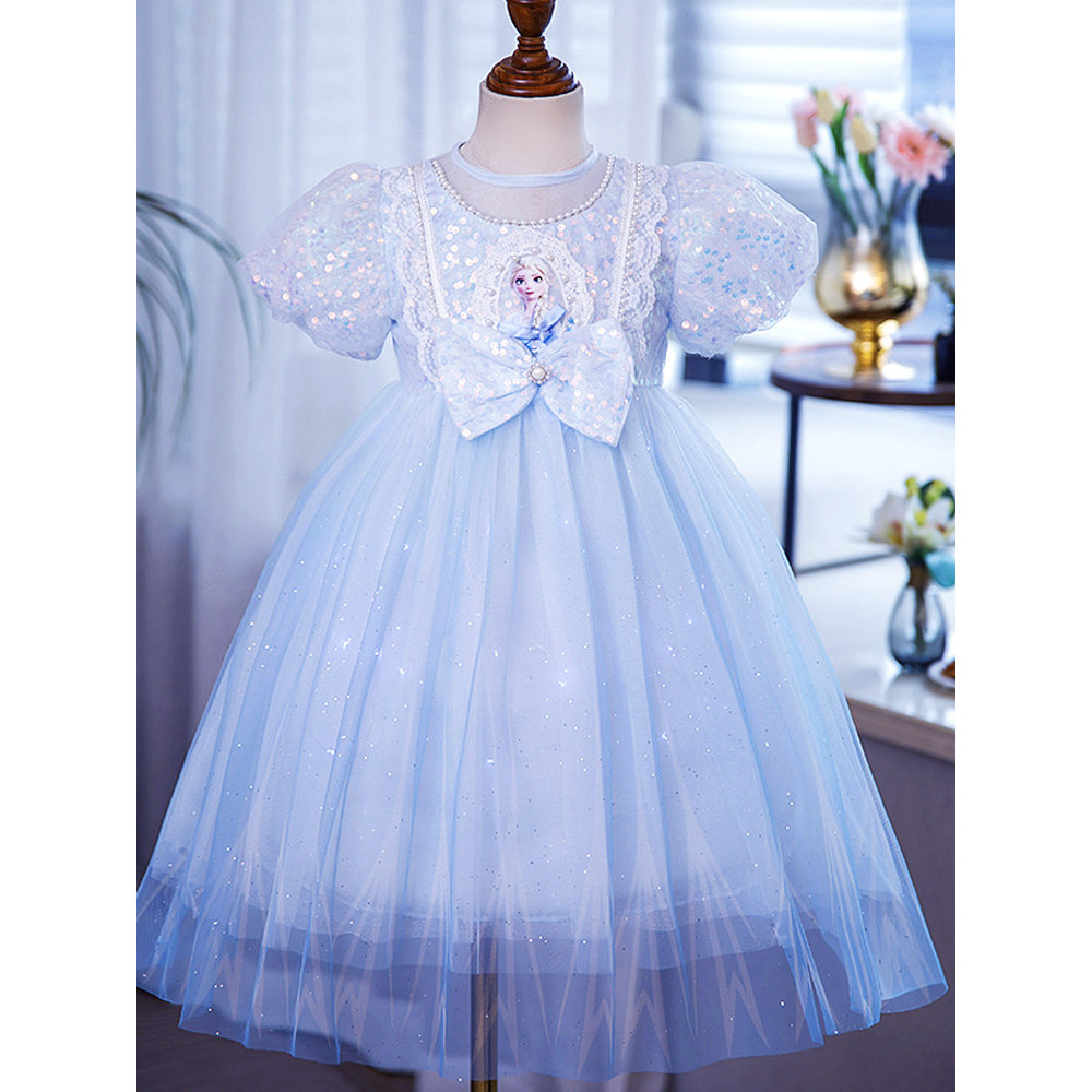 Novo produto pronto estoque luminoso elsa princesa vestido meninas vestido de verão congelado elsa vestido de manga comp
