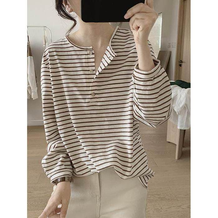 Único bonito grande listrado manga comprida camiseta feminina solta estilo preguiçoso em torno do pescoço Casual All-Mat
