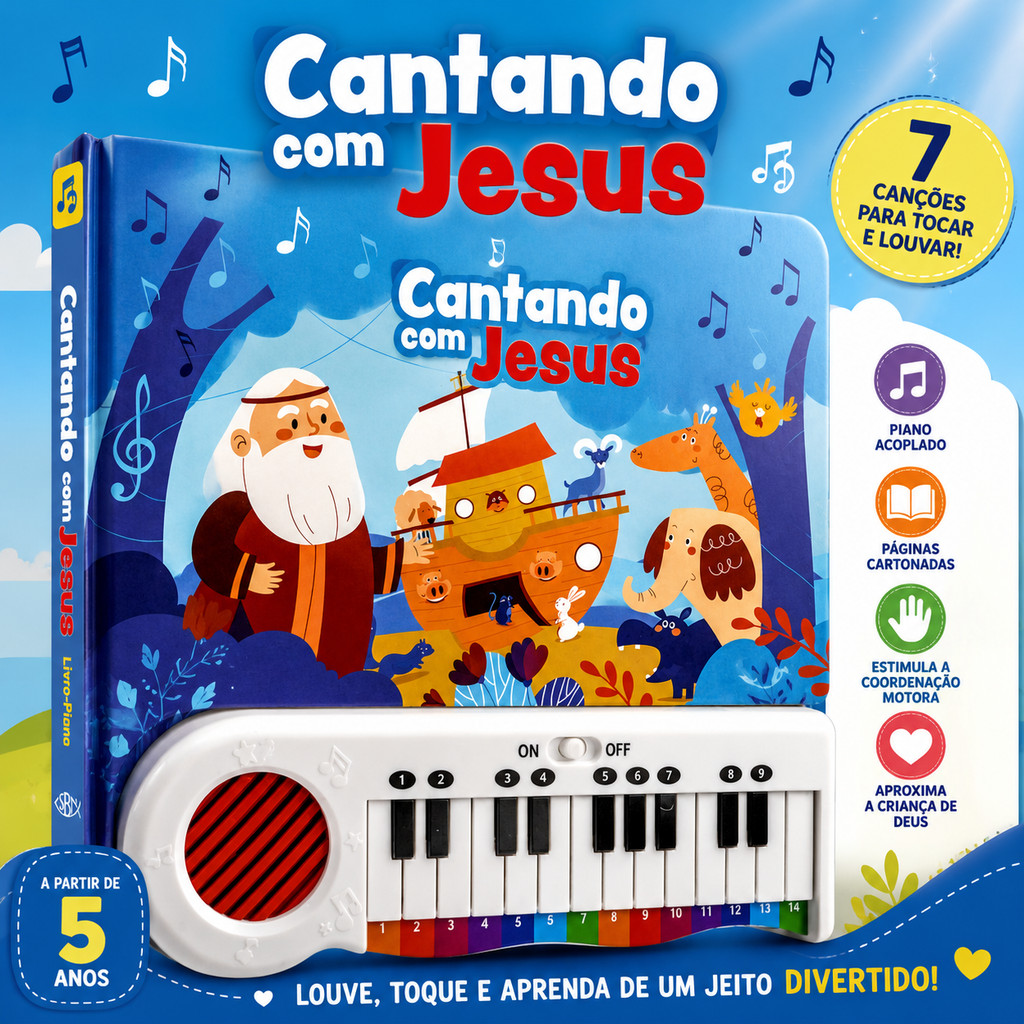 Livro Piano Infantil Cantando com Jesus | 7 Canções Cristãs para Tocar e Louvar | Teclado Musical Infantil
