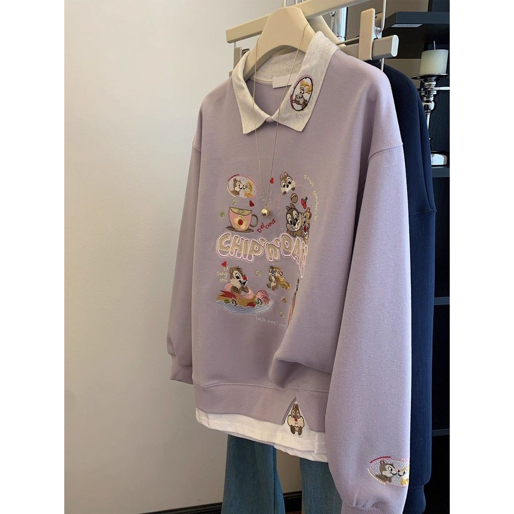 Suéter Polo Feminino com Bordado de Animais, Estilo High Street, Pullover em Cor Roxa Contrastante I3Z3