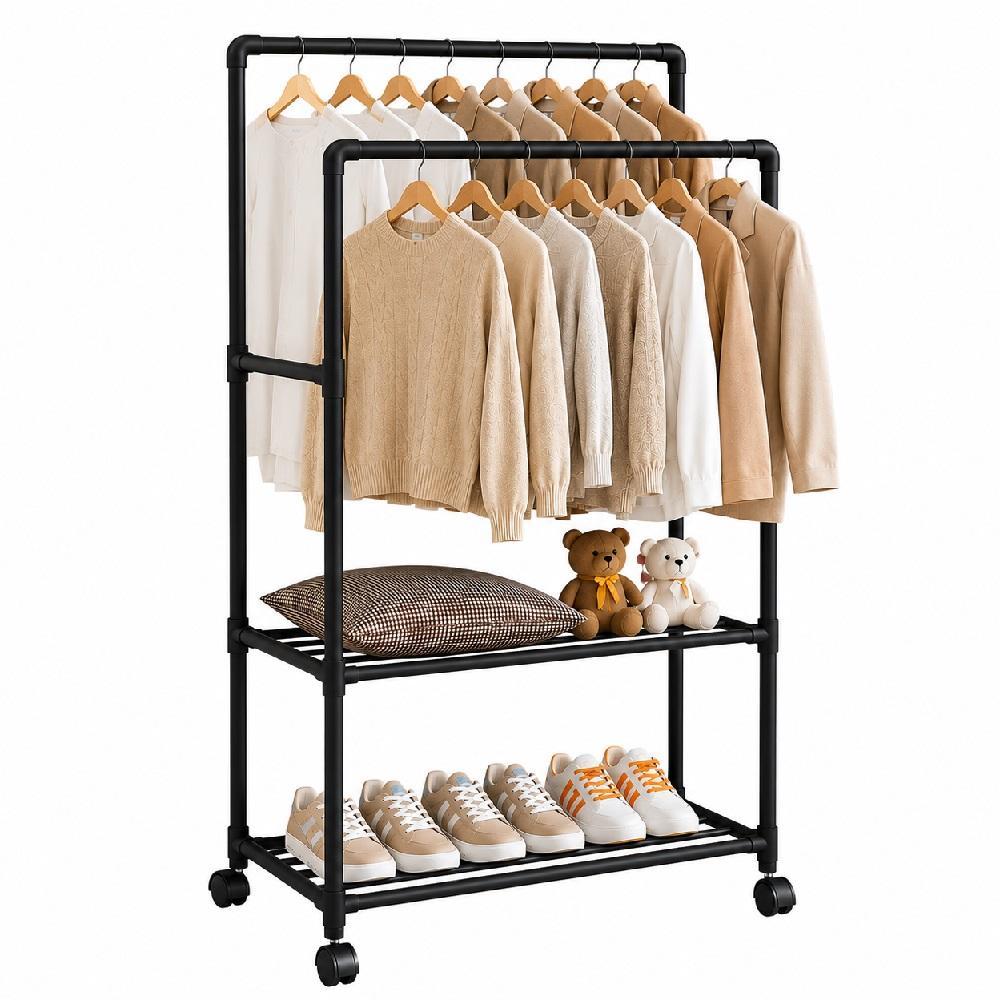 ARARA DUPLA ORGANIZADORA COM RODAS CABIDEIRO ROUPAS CALCAS CAMISAS 2 PRATELEIRAS 360° GRAUS