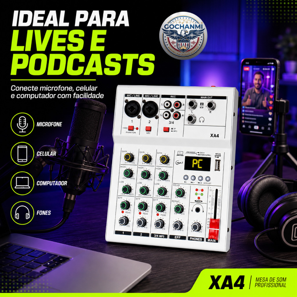 Mixer de Áudio XA4 4 Canais Com Interface USB e Bluetooth Para PC Celular