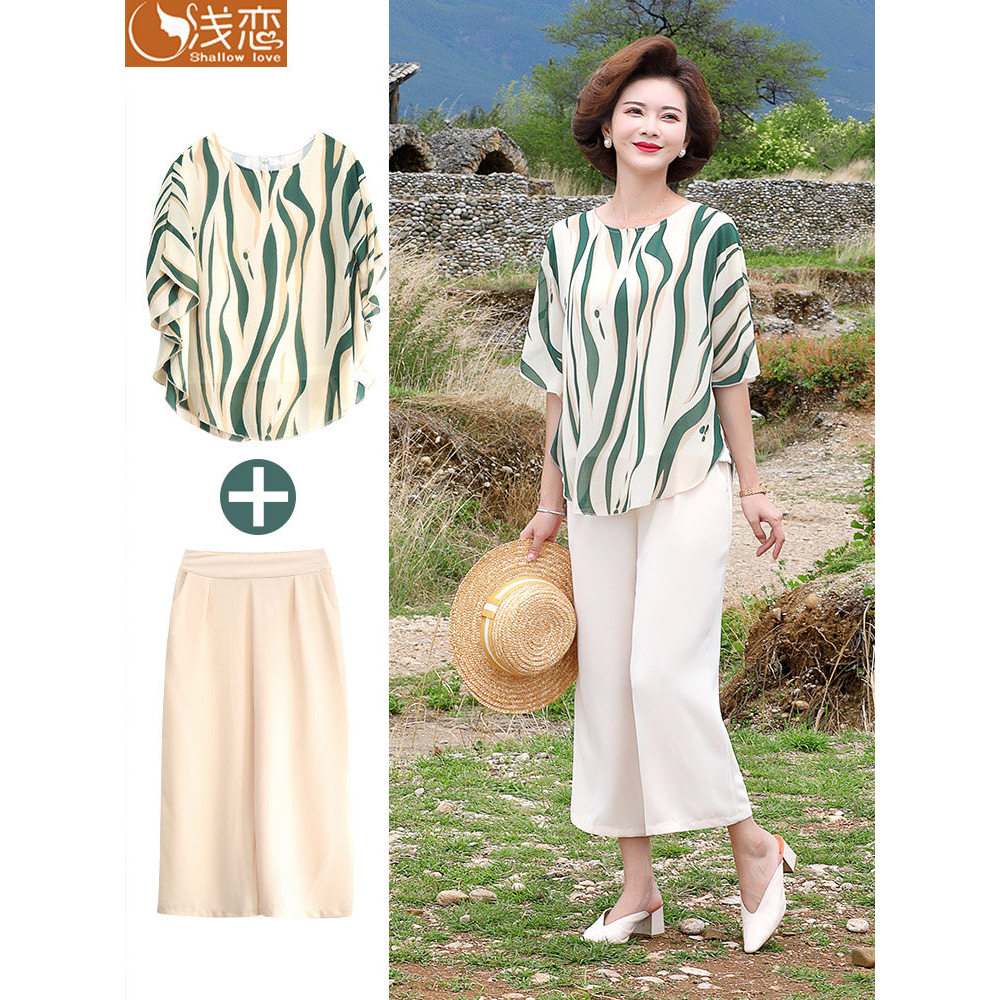 Mãe verão moda Chiffon roupas superiores de meia-idade roupas de verão femininas 2026 novo estilo de meia-idade idosos c