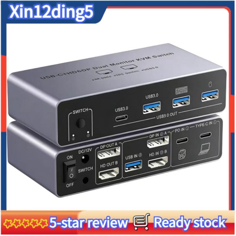 USB-C + HD E DP Dual Monitor KVM Switch 4K 60Hz 2 Em 2 Saídas-8K @ 60Hz-Divisor Compatível Com Plugue Remoto Da Ue