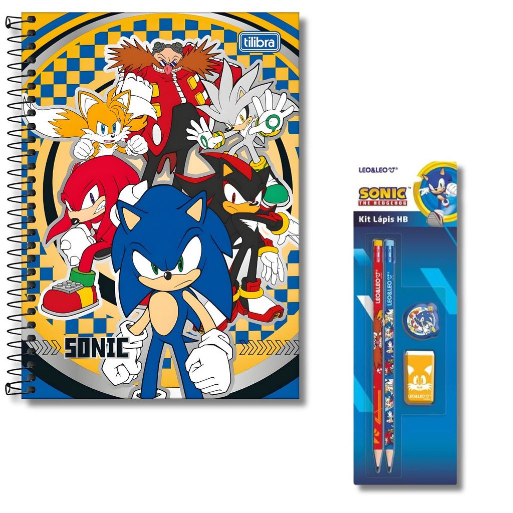 CADERNO CAPA DURA ESPIRAL 01X1 80 FOLHAS PAUTADAS BRANCAS SONIC TILIBRA + ADESIVOS + KIT LAPIS SONIC