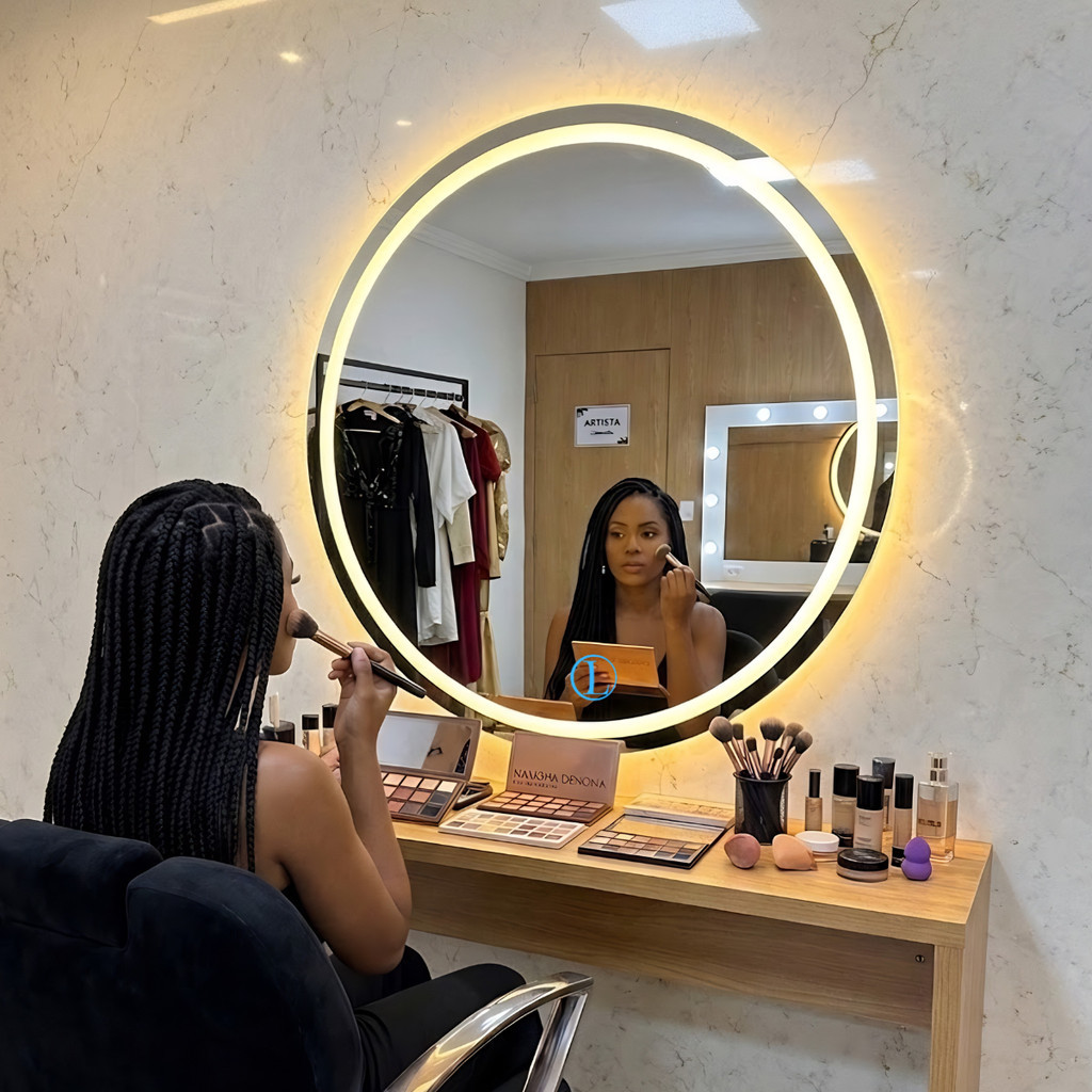 Espelho Lopazzi Redondo Bivolt com Led Jateado 3tons 100x100 Polido P/ Lavabo, Quarto, Penteadeira Estudio de Maquiagem