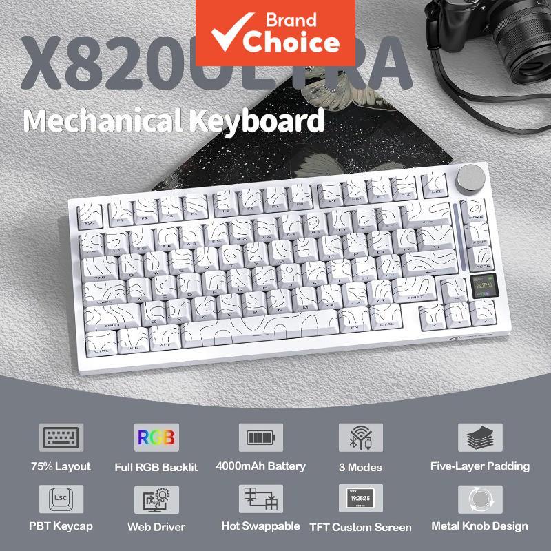 Teclado Mecânico para Jogos Sem Fio SHARK X820 Ultra 75% Hot-Swappable Gasket Mount com RGB Retroiluminado, Display