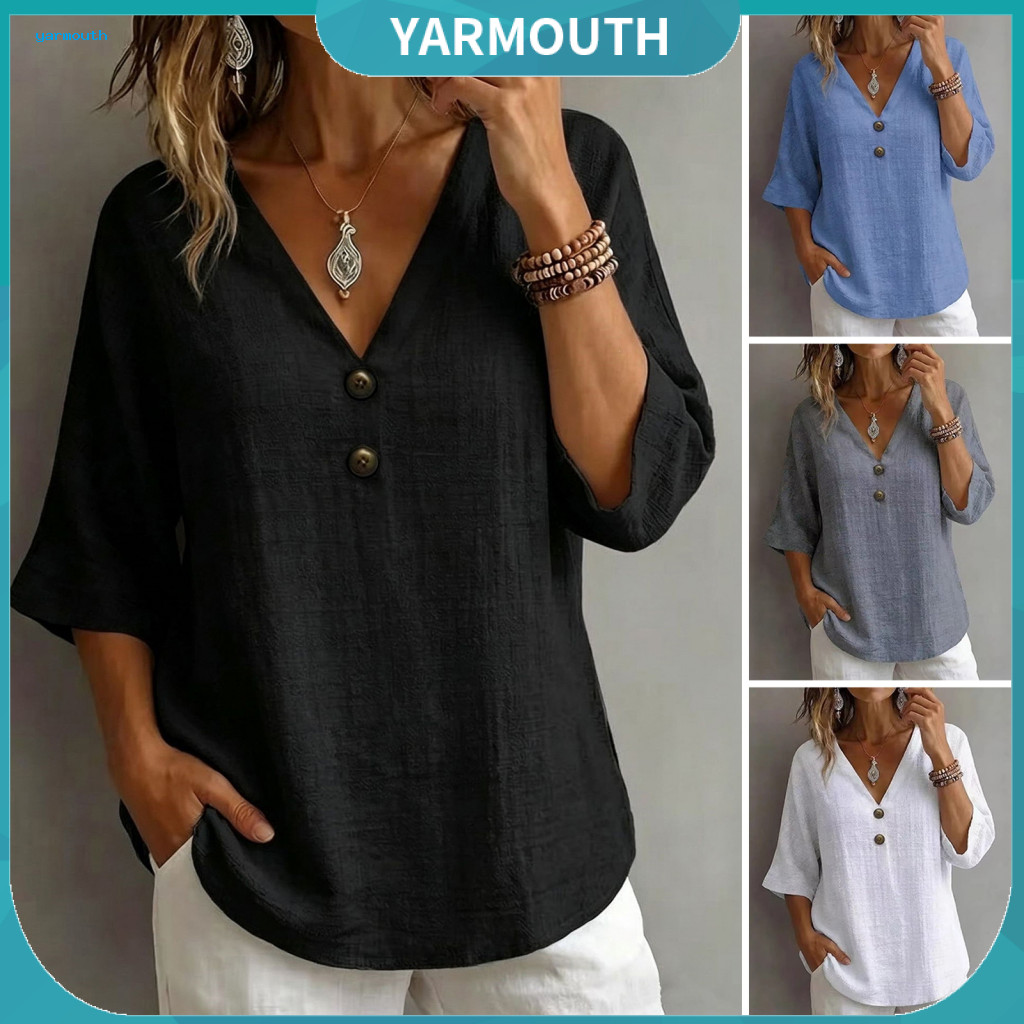 V-neck Top Loose Fit Shirt Women’s V Neck Pullover 3/4 Sleeve Button Decor Solid Color Summer T-shirt for Wear Lightwe