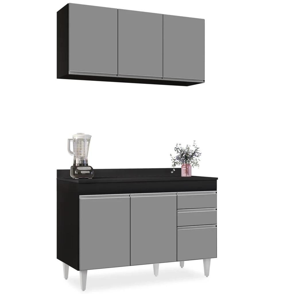 Armário Virgínia e Balcão com Tampo Michigan 120cm Preto/Cinza - Lumil