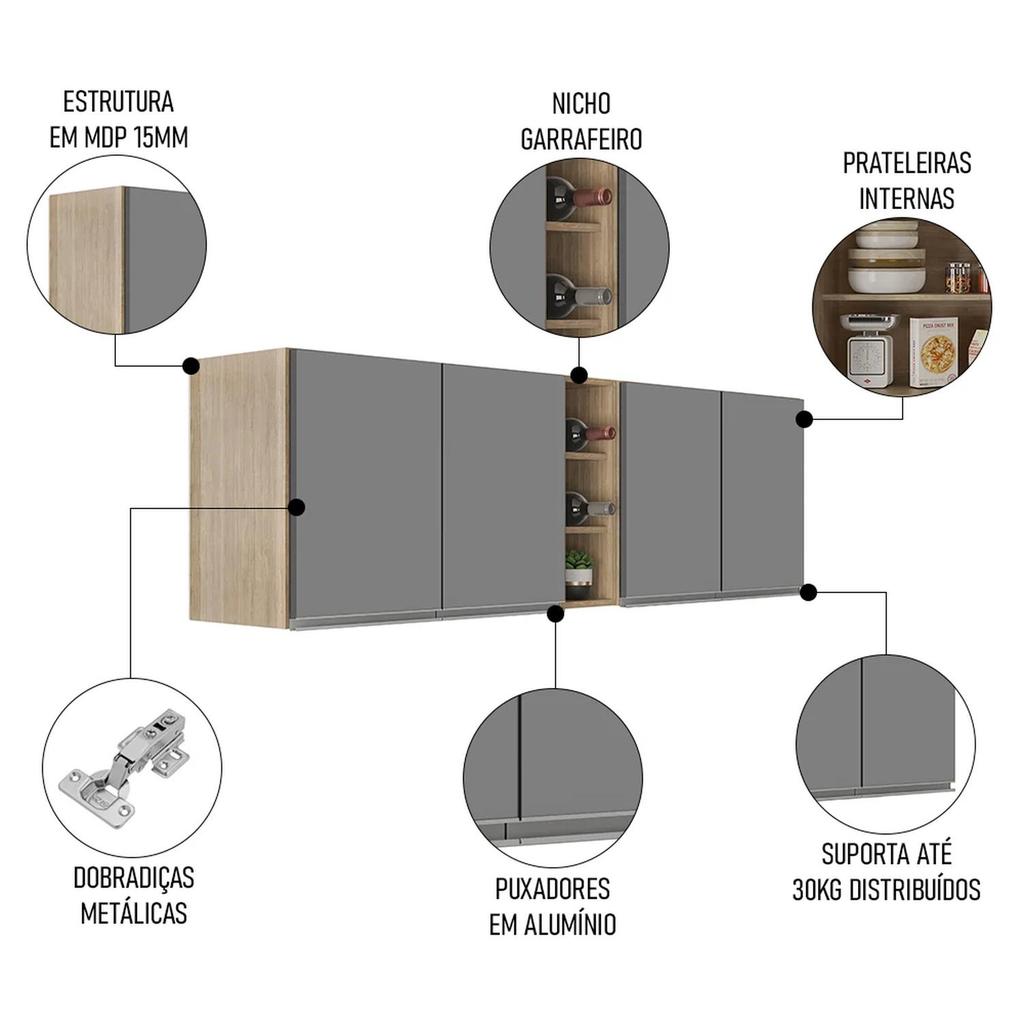 Armário de Cozinha Aéreo Califórnia Kit 2 e Nicho Adega Riad 180cm Castanho/Cinza - Lumil