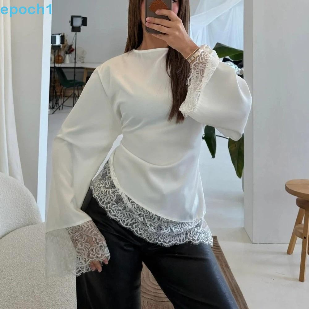 EPOCH1 Camisa Longa De Retalhos De Renda , Blusas Femininas Com Cadarço Na Cintura E Gola Redonda , Blusa Fina De Cetim