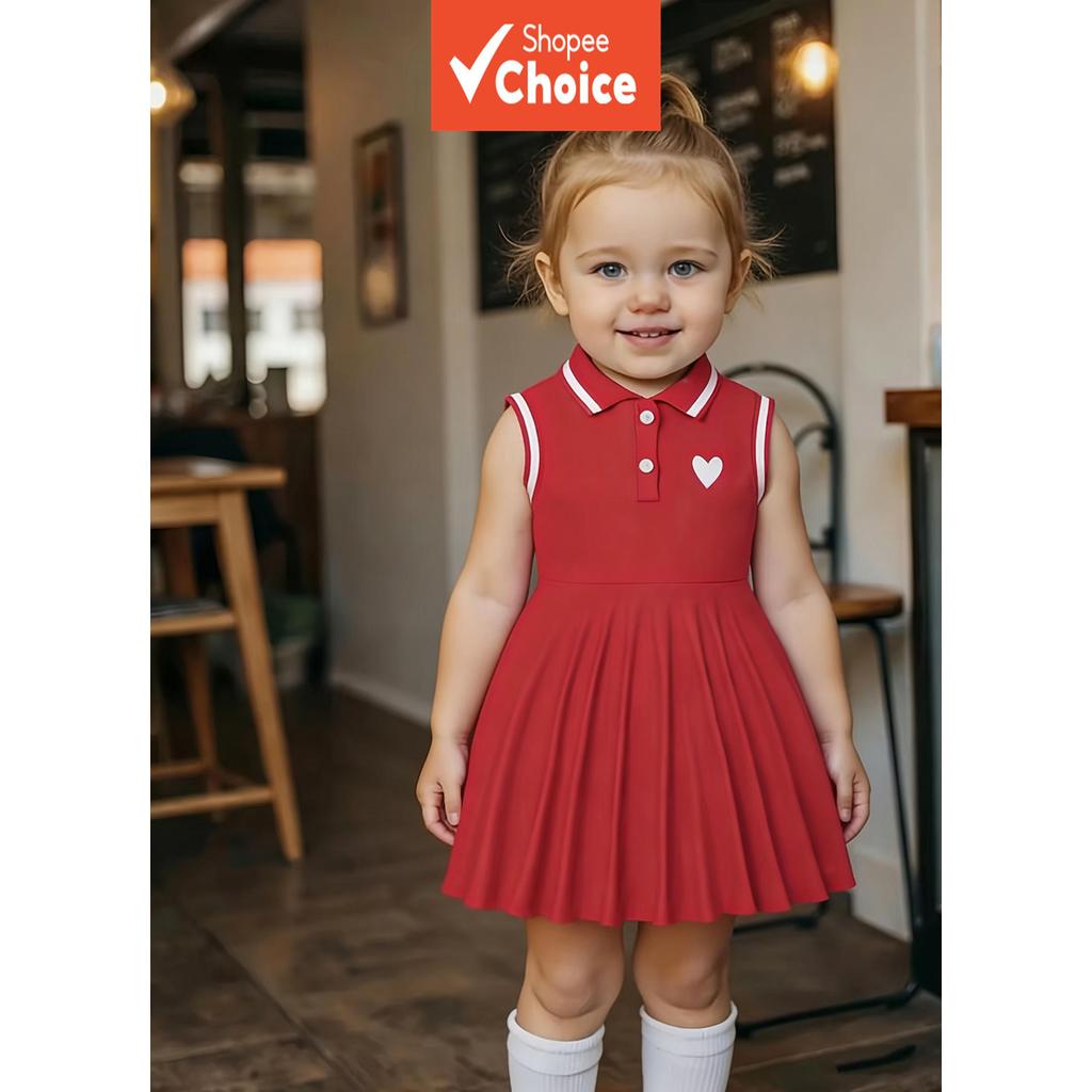 Vestido Polo Plissado Coração Vermelho/Rosa: Vestindo Doçura-Cool Vitalidade/vestido de verão para bebê menina/vestido