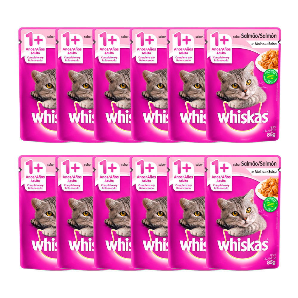 Kit 12 Ração Úmida para Gatos Whiskas Adulto 1+ Anos Sabor Salmão ao Molho em Sachê 85g