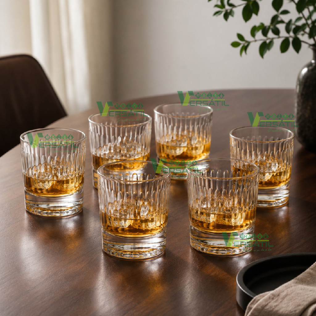 Jogo 6 Copos em Vidro Diamante 315ml Whiskey Whisky Luxo Requintado Detalhado Baixo Drink Kit Conjunto Genova Mesa posta
