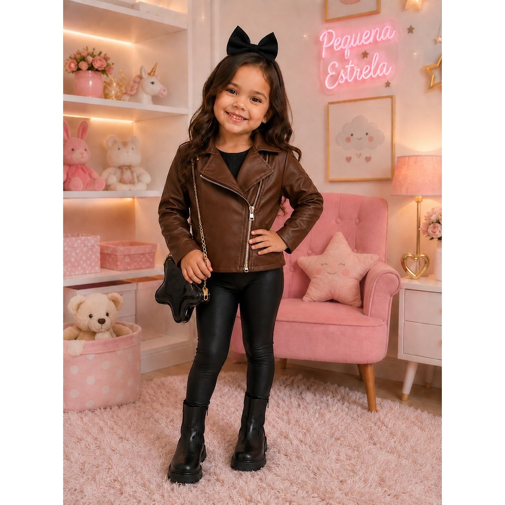 Conjunto 2 Pecas Legging e Jaqueta Infantil Menina Couro Fake Com  Ziper Lateral Bloguerinha Inverno Moda Frio