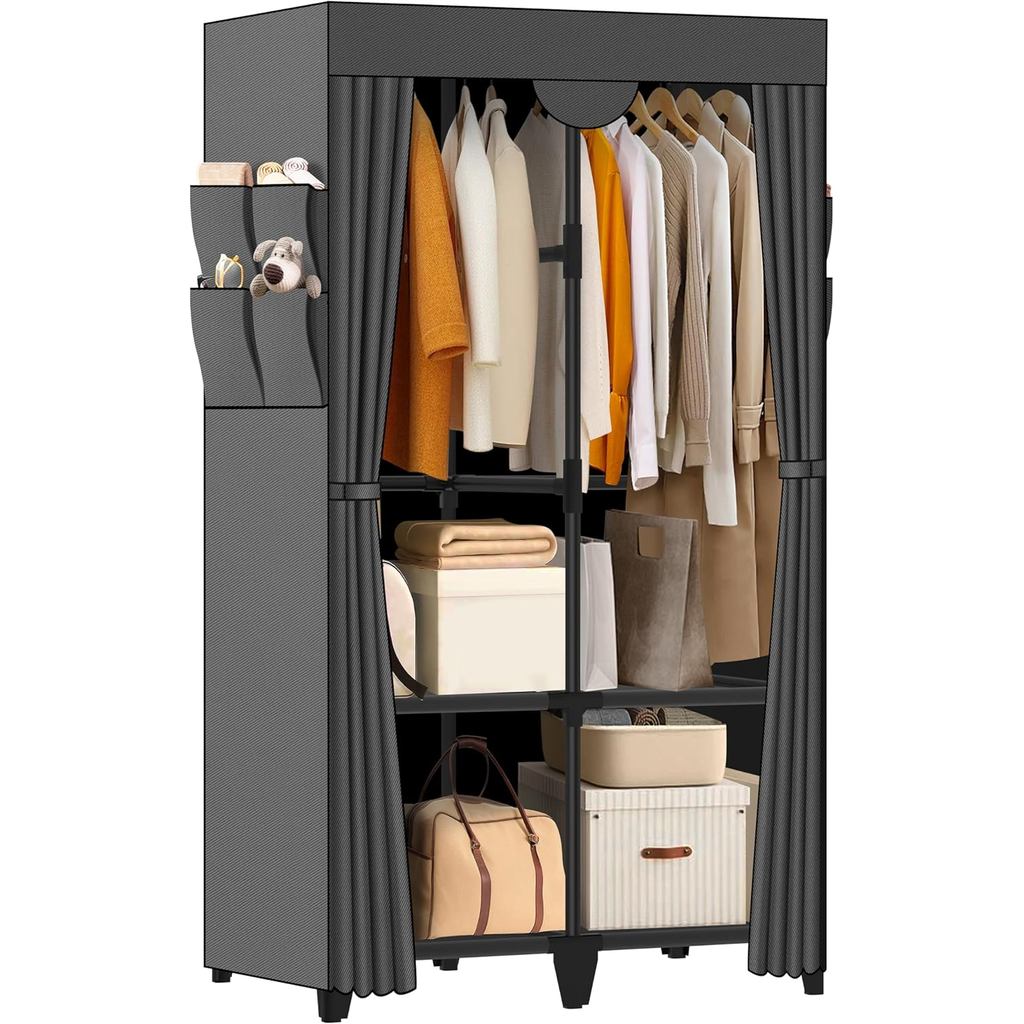Guarda-Roupa, Montagem Rápida e Fácil, Guarda-Roupa Portátil Cinza com 2 Varões para Pendurar, 4 Prateleiras de Armazena