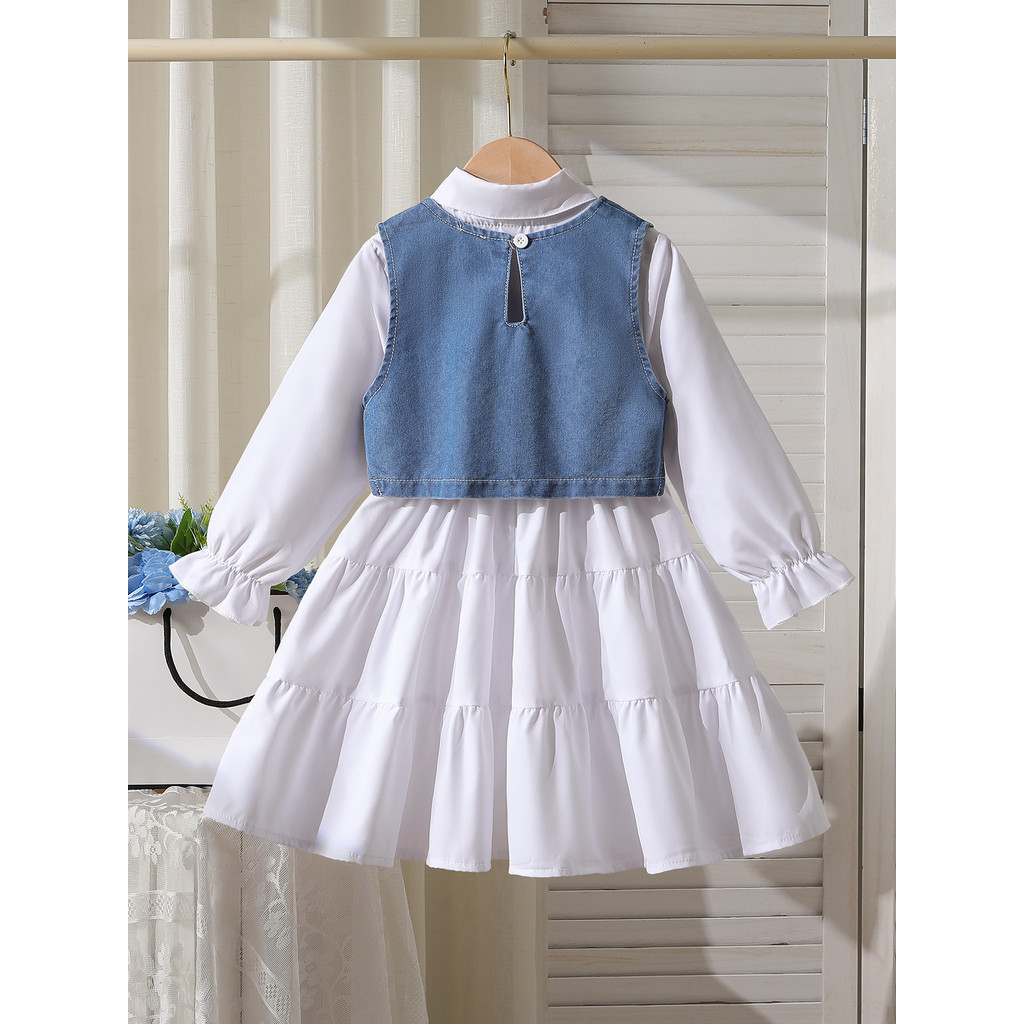 [Novo produto] Camisa lapela vestido de contas bolha + colete jeans com miçangas bolha + bolsa de ombro três conjuntos [