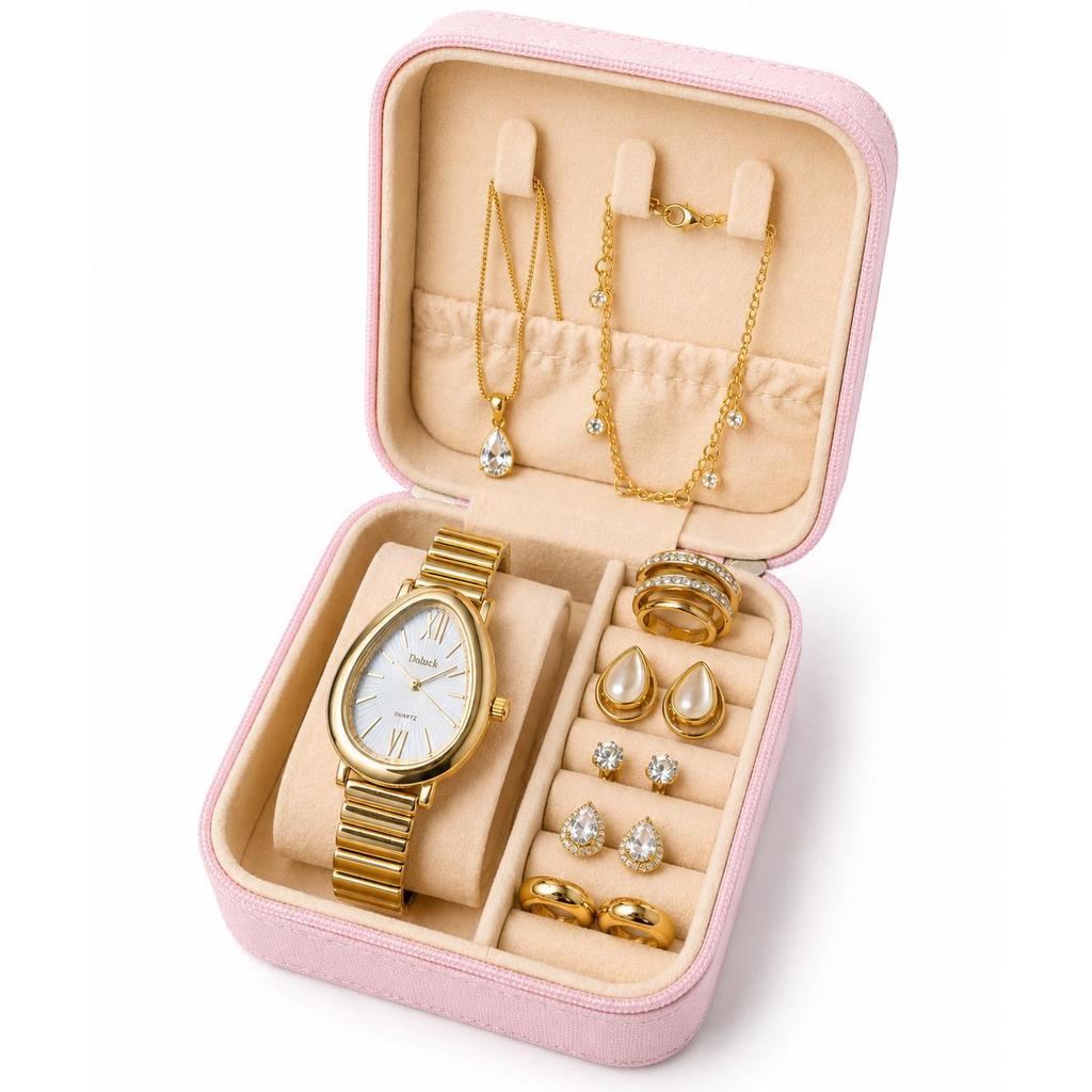 Kit Feminino Completo Relógio Gota + Semijoias + 5 Brincos + Porta Joias Luxo Presente