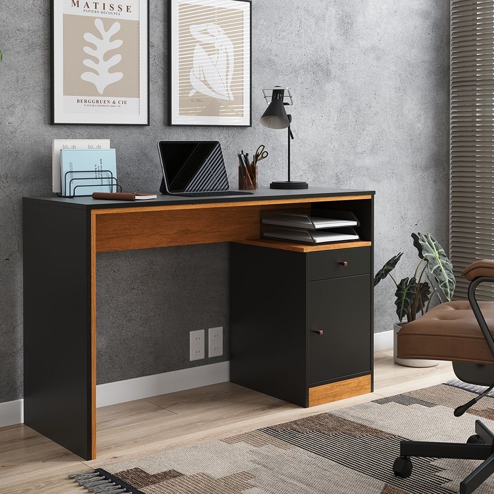 Escrivaninha Mesa Escritório Office 1 Porta 120cm Nature E Preto Preto/Freijó