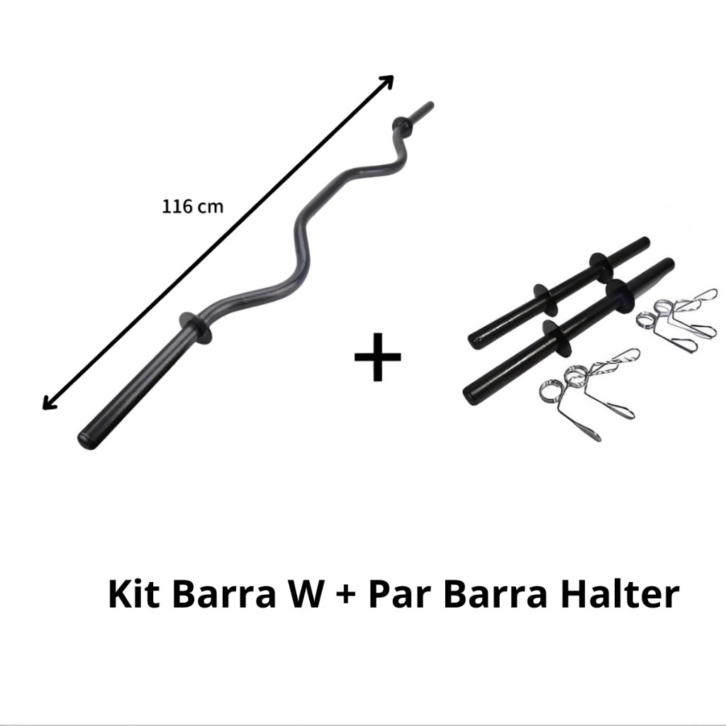 Kit barra W 1,16m + Par de halteres 40 cm com presilhas musculação academia