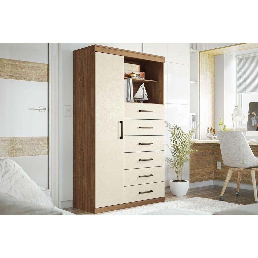 Cômoda de Quarto Marabá 1.6 c/ 1 Porta 2 Nichos e 6 Gavetas jatoba/Areia - Santos Andirá