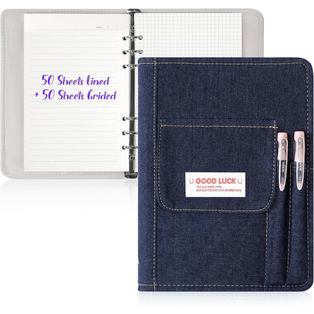Caderno Recarregável Toplive A5, Capa de Caderno A5 em Denim com 6 Argolas e 100 Folhas de Papel, Caderno Pessoal Y2K pa