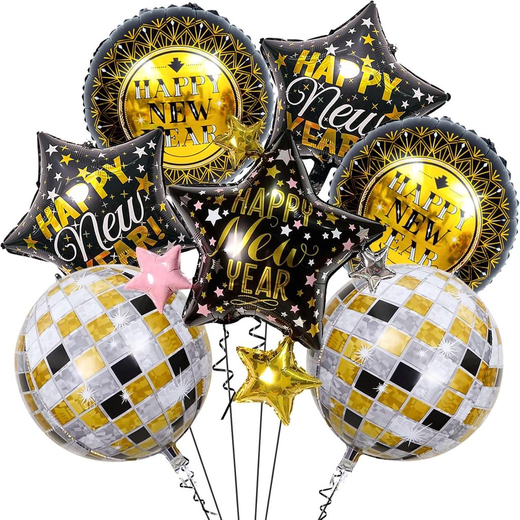 Balões de Feliz Ano Novo, Balões de Ano Novo de 18 Polegadas, Balões de Folha 4D em Preto e Dourado para Decorações de A