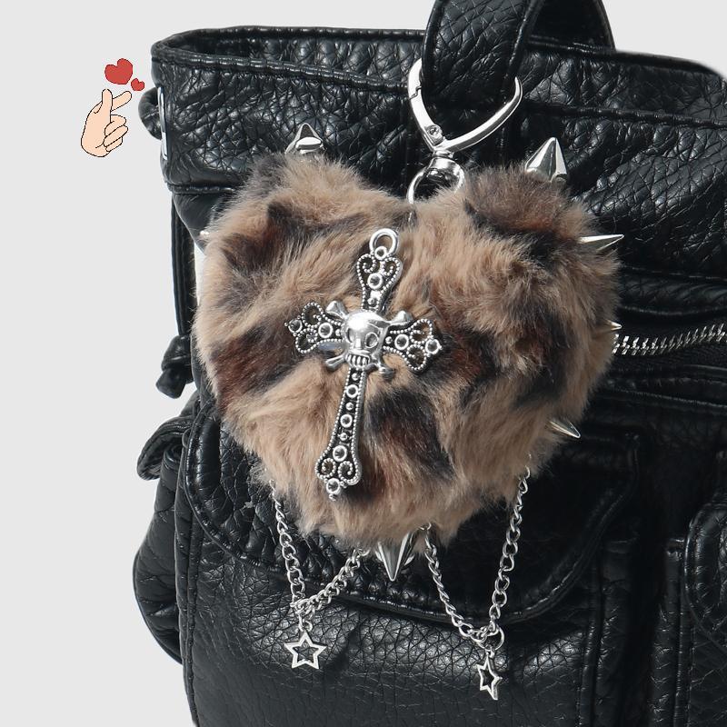 [PEBR] Joias Punk Com Estampa De Leopardo Rebite Cruz Chaveiro Gótico Legal Grunge Ro Bolsa De Coração De Pelúcia Pingen