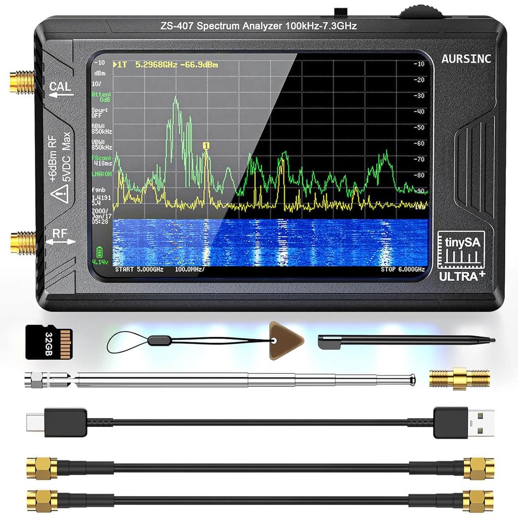 Analisador de Espectro AURSINC Tinysa Ultra+ ZS407, Analisador de Frequência Portátil Tinysa de 4,0 Polegadas 100kHz-7,3