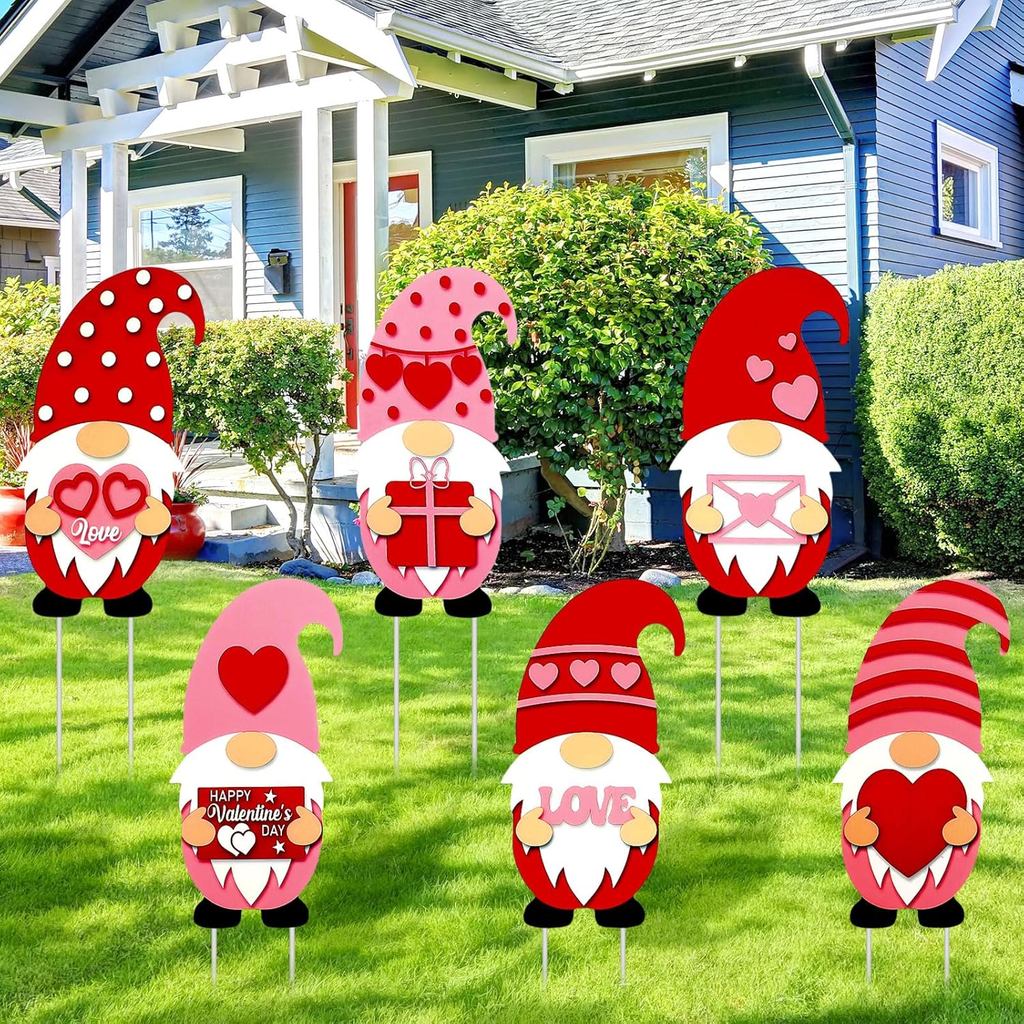 6 Peças de Placas Decorativas de Gnomo para o Dia dos Namorados, 15,7 x 7,8 Polegadas, Estacas de Jardim em Forma de Cor