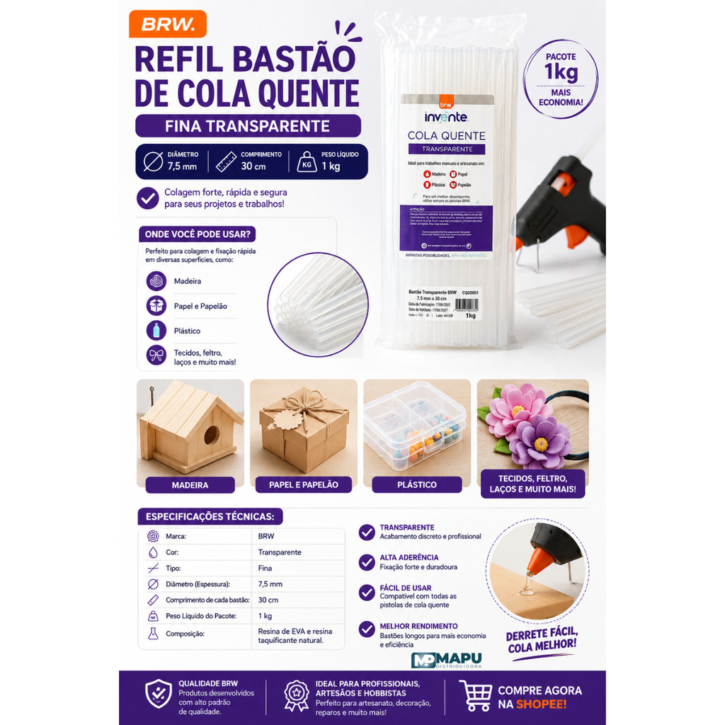 Refil Bastão de Cola Quente Fina Transparente 7,5mm x 30cm - Pacote 1kg BRW Artesanato