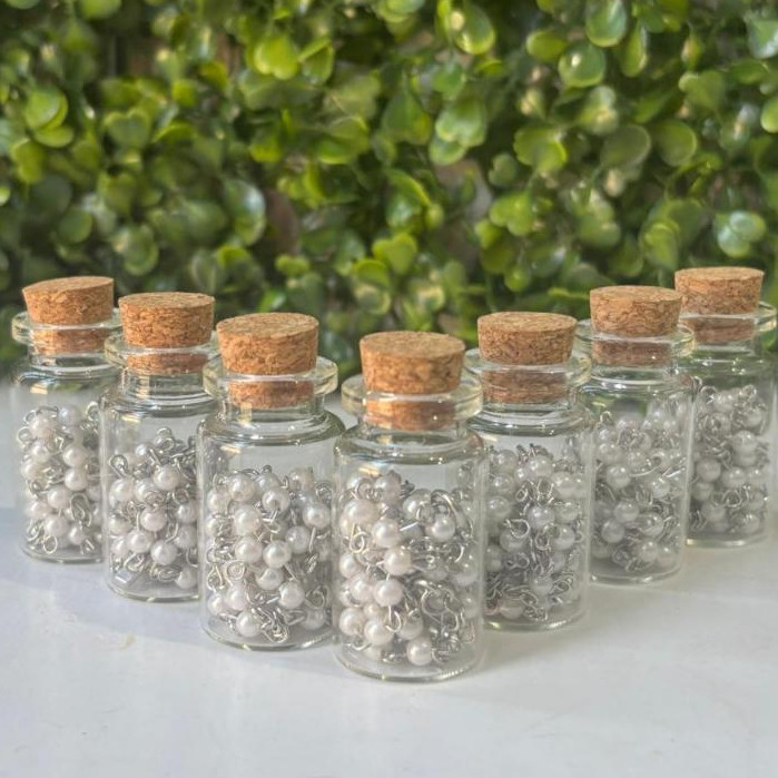 Kit 15 Terço Lembrancinha No Vidrinho Perola Branco Pescoço 1° Eucaristia Crisma Batizado
