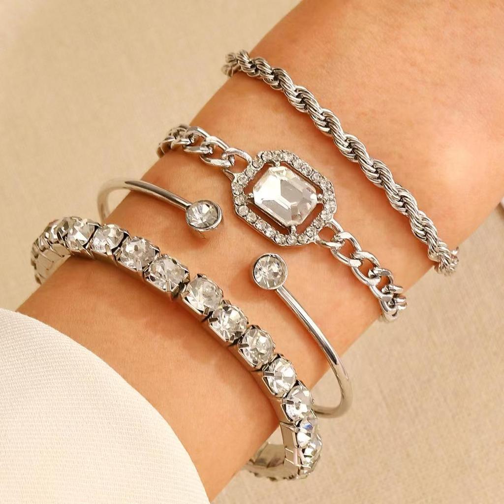 Conjunto De 4 Pulseiras De Luxo Vintage Com Diamantes Abertos E Pulseira De Strass Feminina