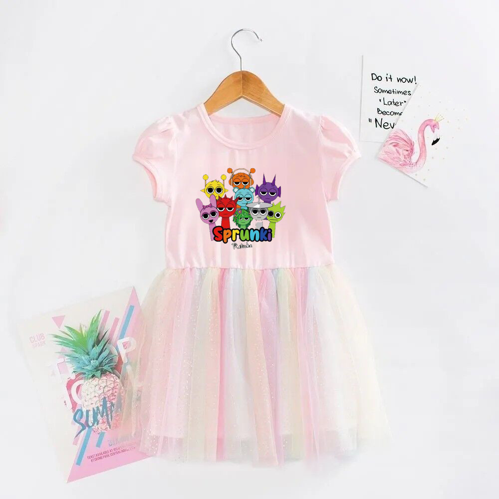 Meninas vestido caixa de ritmo mercadoria verão manga curta roupas infantis meninas gaze saia arco-íris princesa saia es